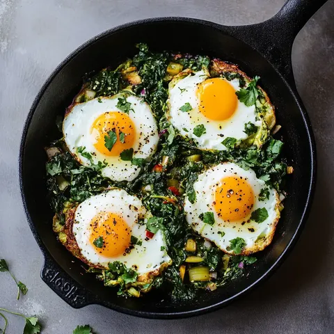 Poêlée de légumes verts avec œufs pochés.