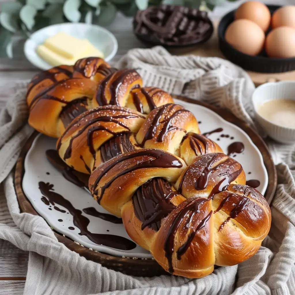 Une brioche tressée garnie de chocolat, saupoudrée de sucre, sur une table avec des œufs et du beurre.