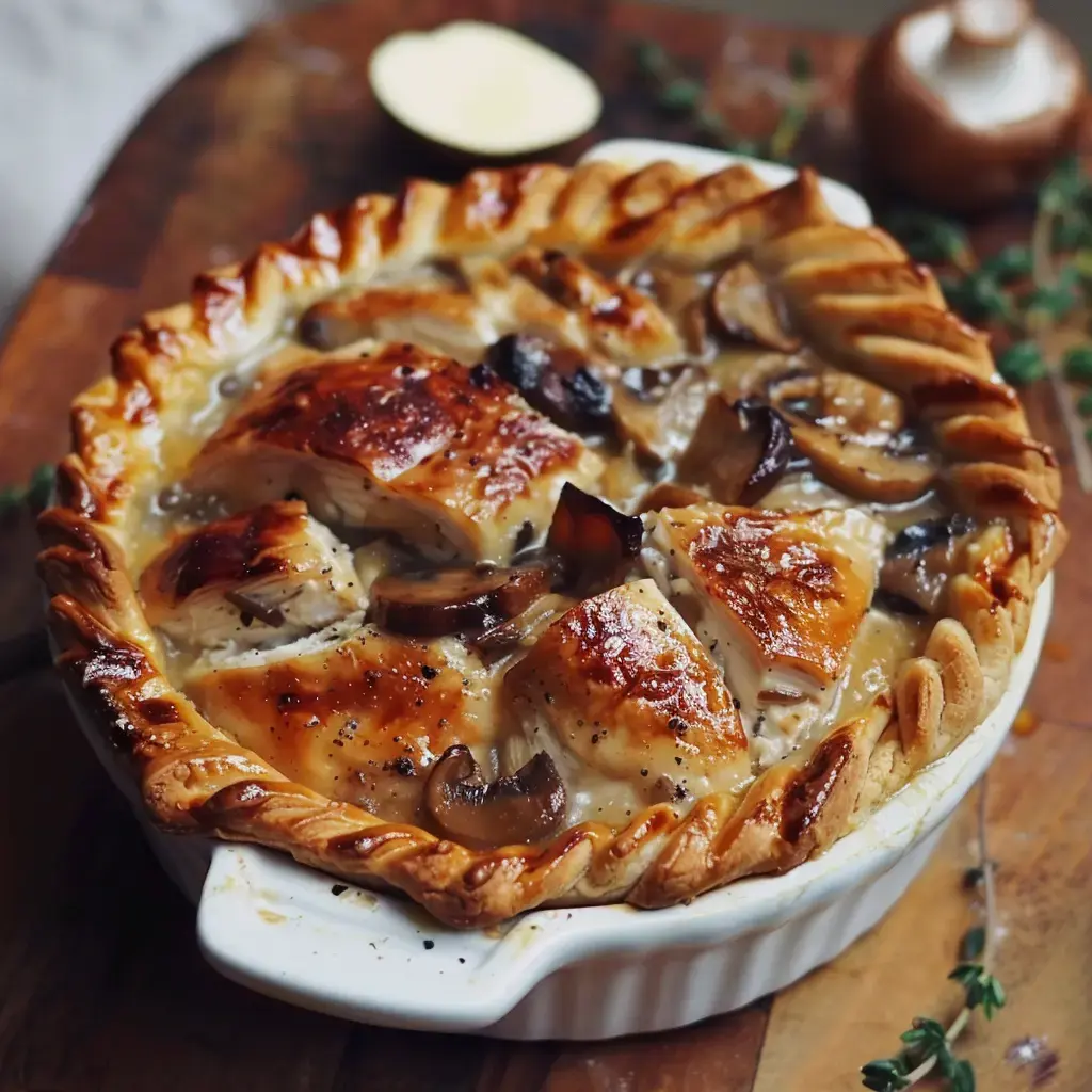 Une tourte dorée et croustillante avec des morceaux de poulet et champignons présentée dans un plat rustique.