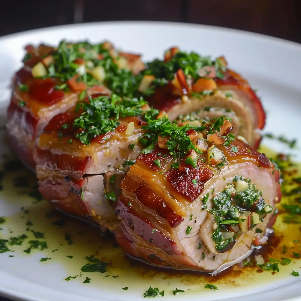 Plat de porc enveloppé de bacon, garni de verdure et nappé d'une sauce appétissante.