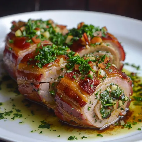Plat de porc enveloppé de bacon, garni de verdure et nappé d'une sauce appétissante.