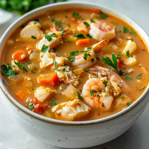 Un bol garni de soupe aux fruits de mer, agrémenté de persil frais et de crevettes, coloré et appétissant.