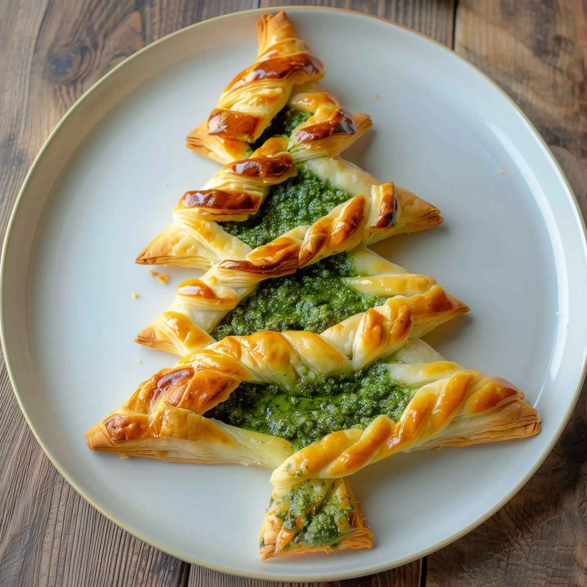 Pâte feuilletée formant un arbre torsadé garni de pesto sur une assiette élégante.