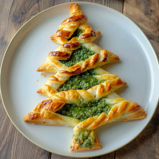 Pâte feuilletée formant un arbre torsadé garni de pesto sur une assiette élégante.