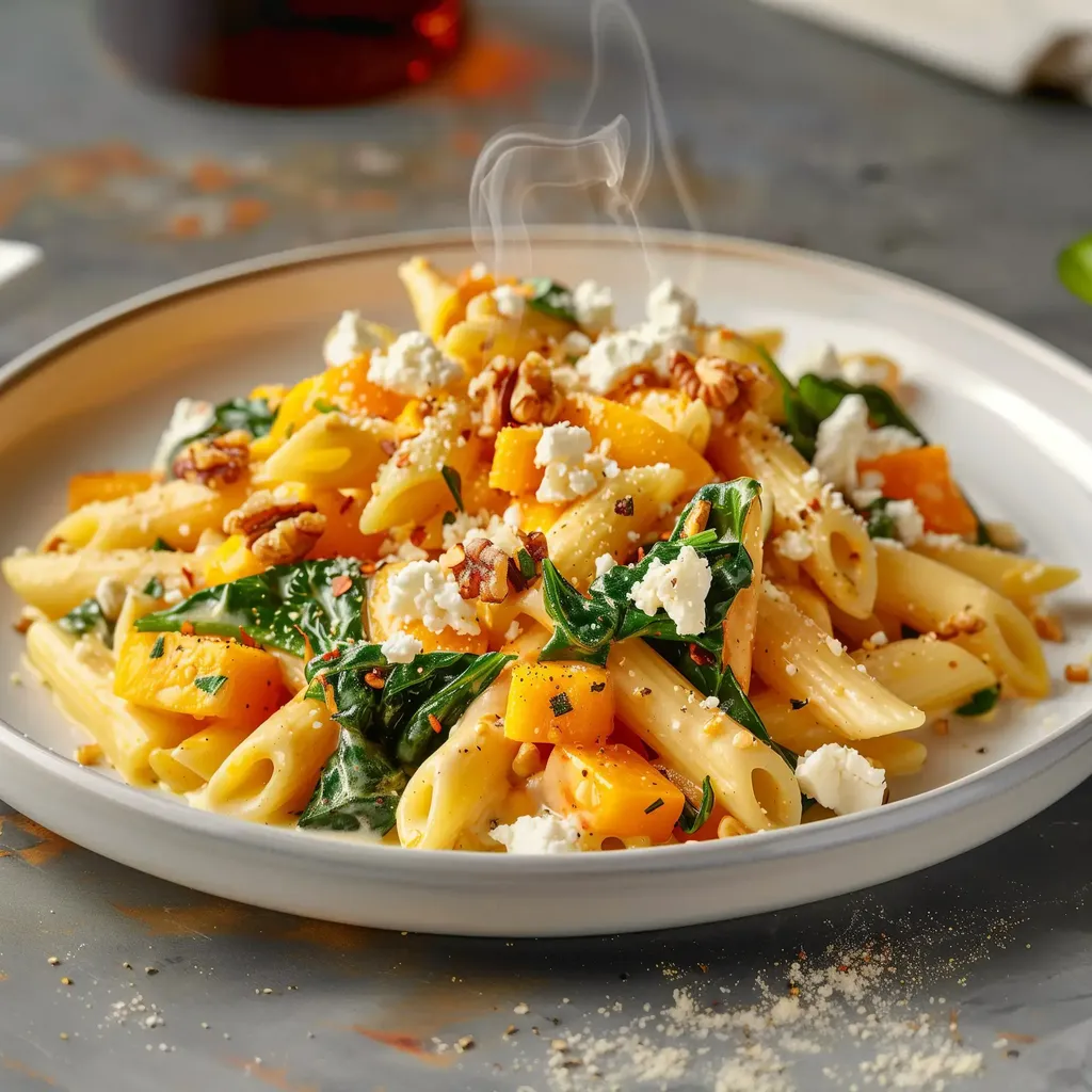 Assiette de pâtes crémeuses avec butternut, épinards, noix et fromage.