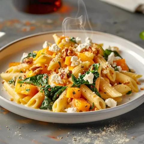 Assiette de pâtes crémeuses avec butternut, épinards, noix et fromage.