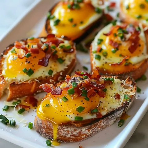 Tranches de pain avec jaune d'œuf confit, croustillant bacon et ciboulette.