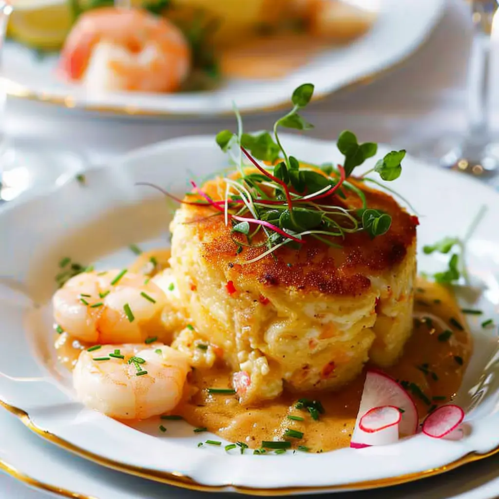Un soufflé de crabe doré surmonté de pousses fraîches, accompagné de crevettes et radis, servi sur une belle assiette.
