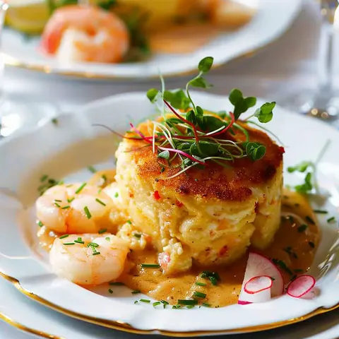 Un soufflé de crabe doré surmonté de pousses fraîches, accompagné de crevettes et radis, servi sur une belle assiette.