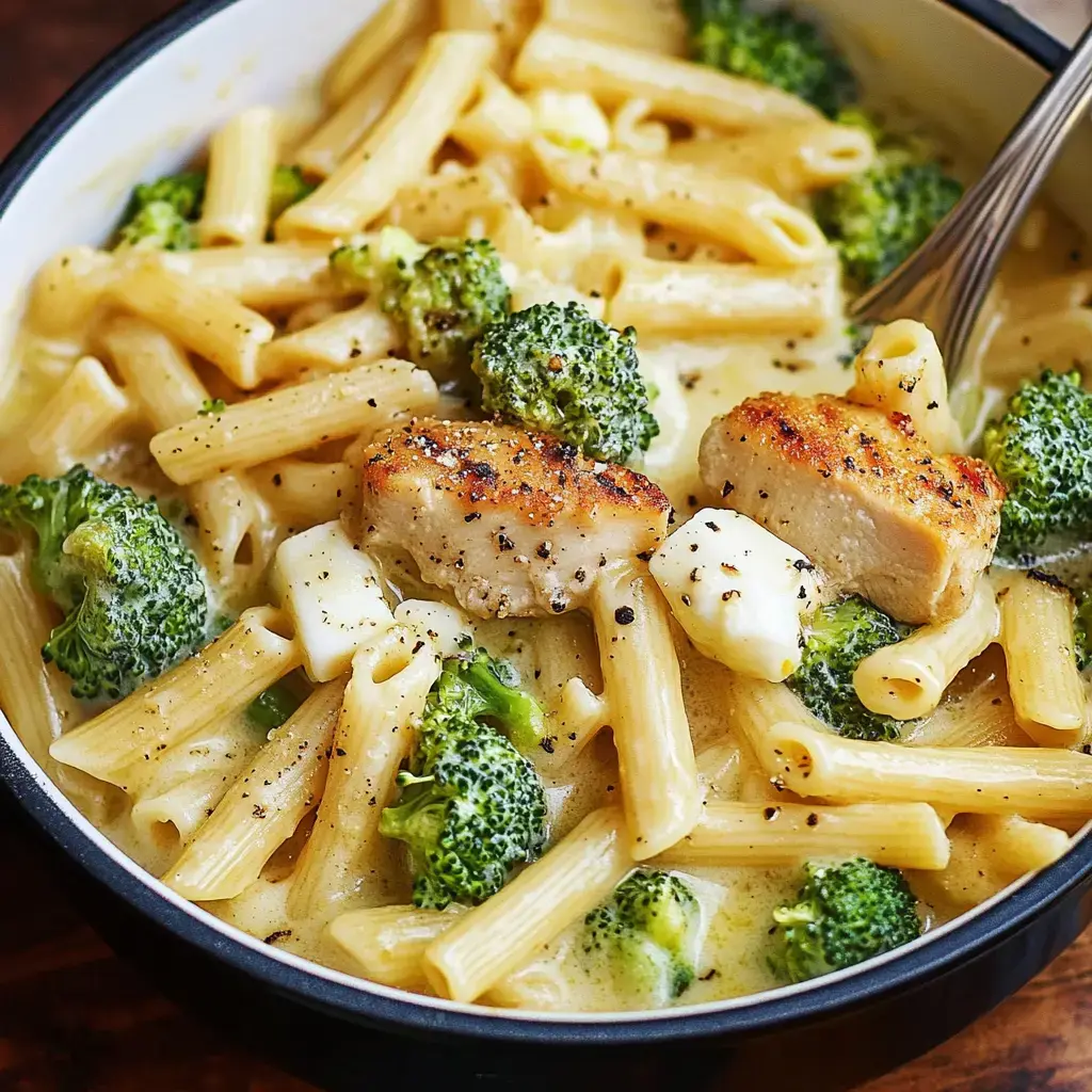 Une assiette généreuse de pâtes crémeuses avec poulet et brocoli frais.