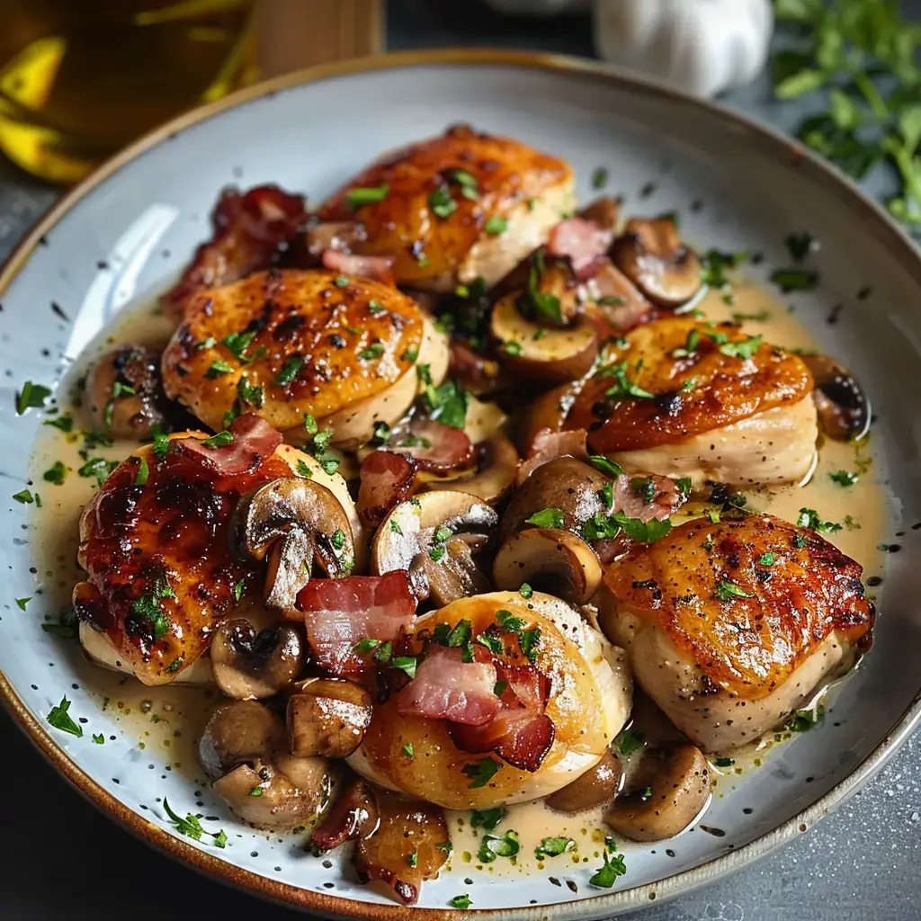 Poulet doré avec champignons et lardons dans une sauce crémeuse, décoré de persil frais.