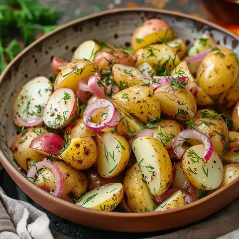 Délicieux mélange de pommes de terre fondantes avec oignons rouges et touche herbacée d'aneth.