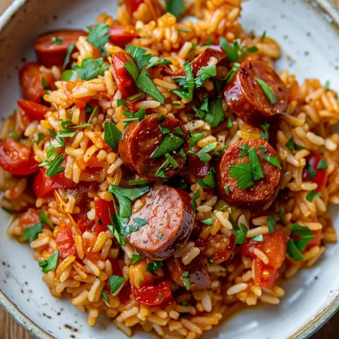 Riz coloré aux tomates et tranches de chorizo, saupoudré de persil frais.