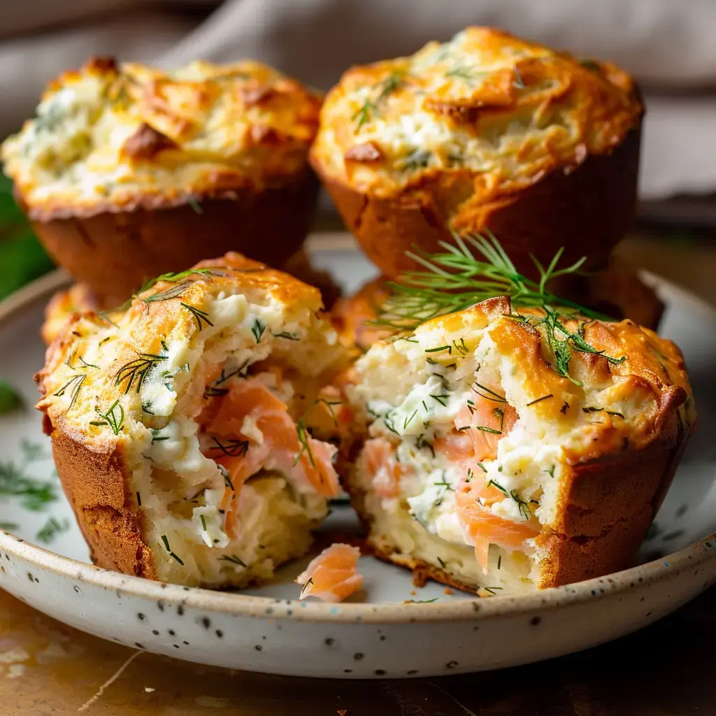 Muffins salés garnis de saumon et fromage, servis avec touche d'aneth.