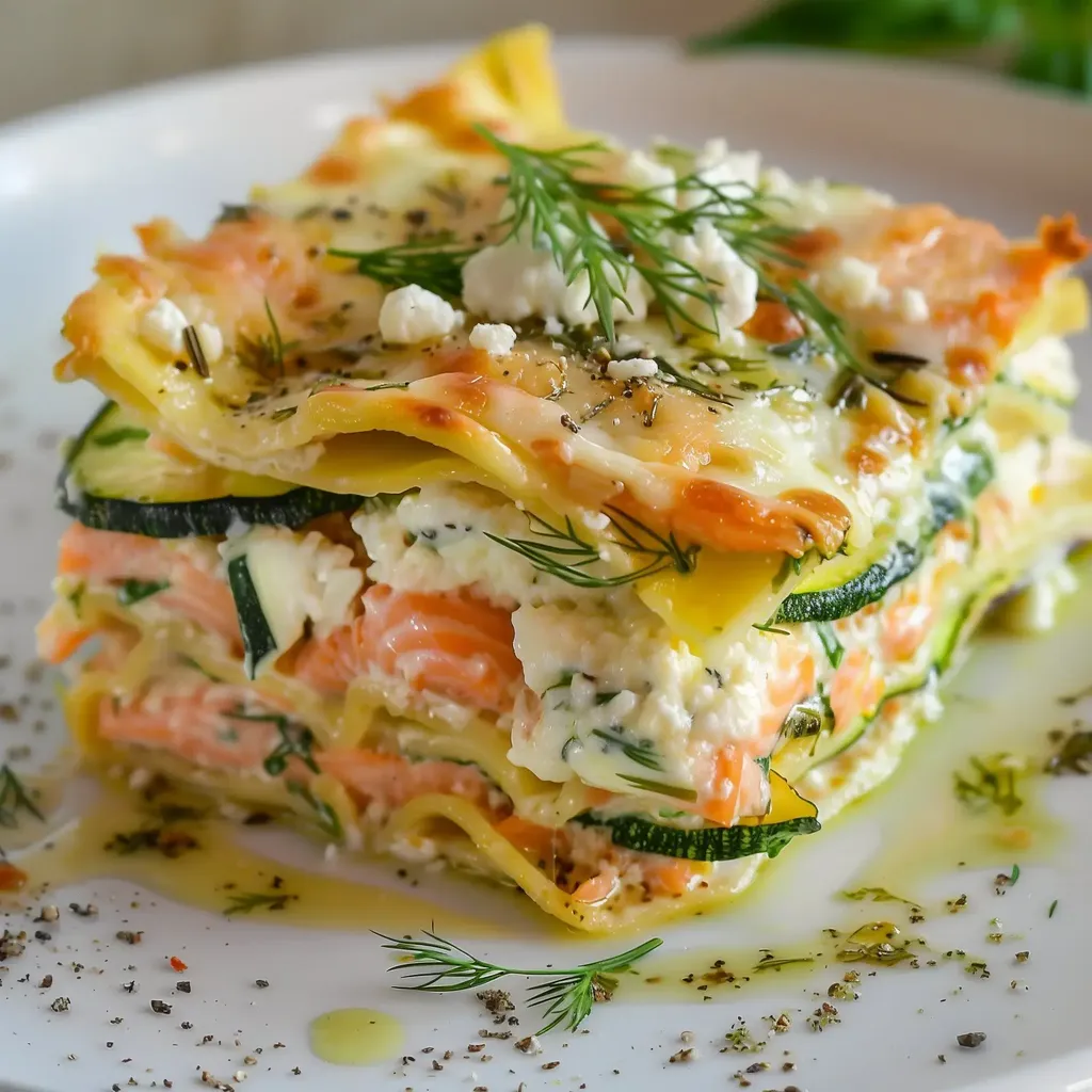 Un plat esthétique associant saumon et courgettes, garni de fromage doux et d'aneth dans une assiette immaculée.