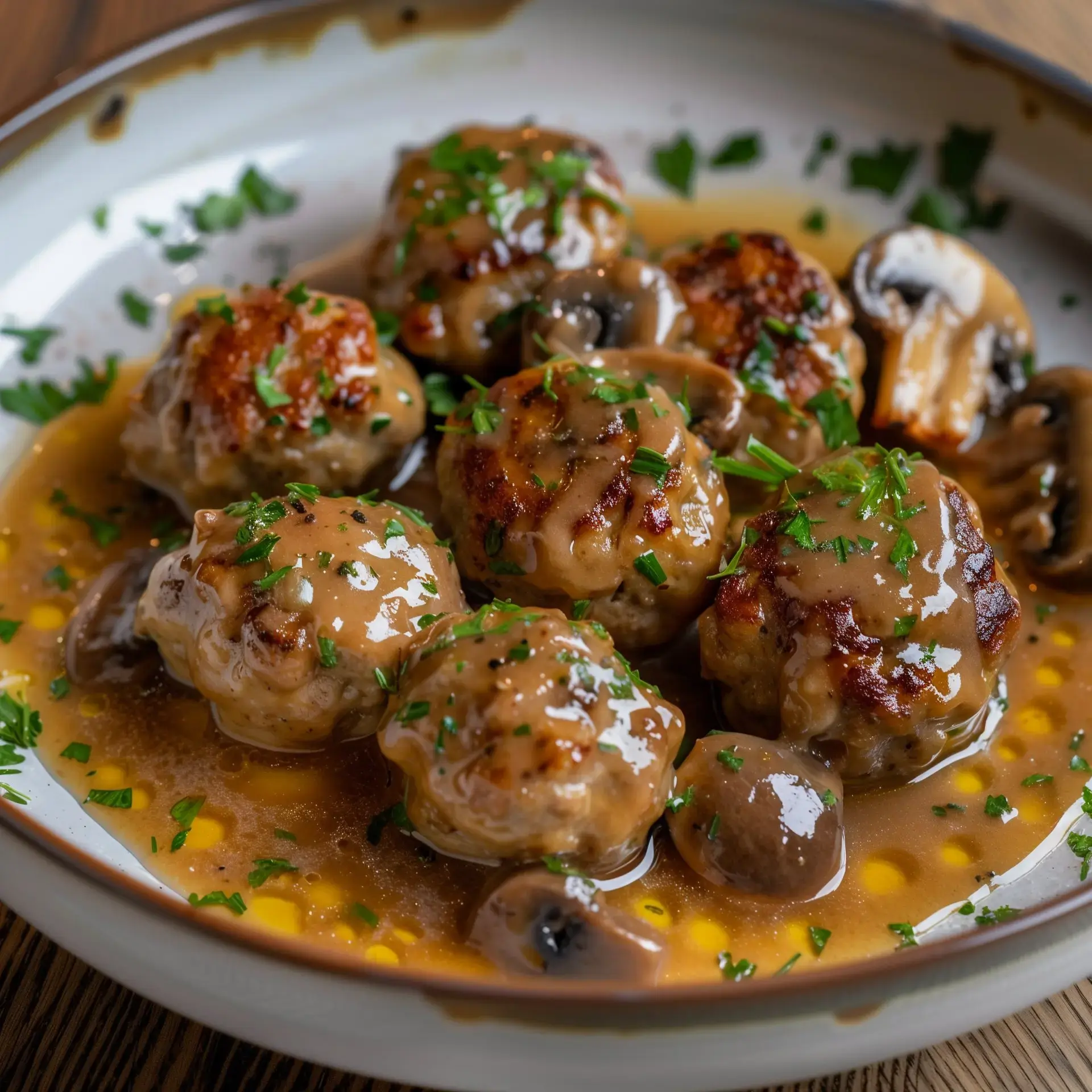 Délicieuses boulettes de veau nappées d'une sauce crémeuse à base de champignons, ornées d'un peu de persil.