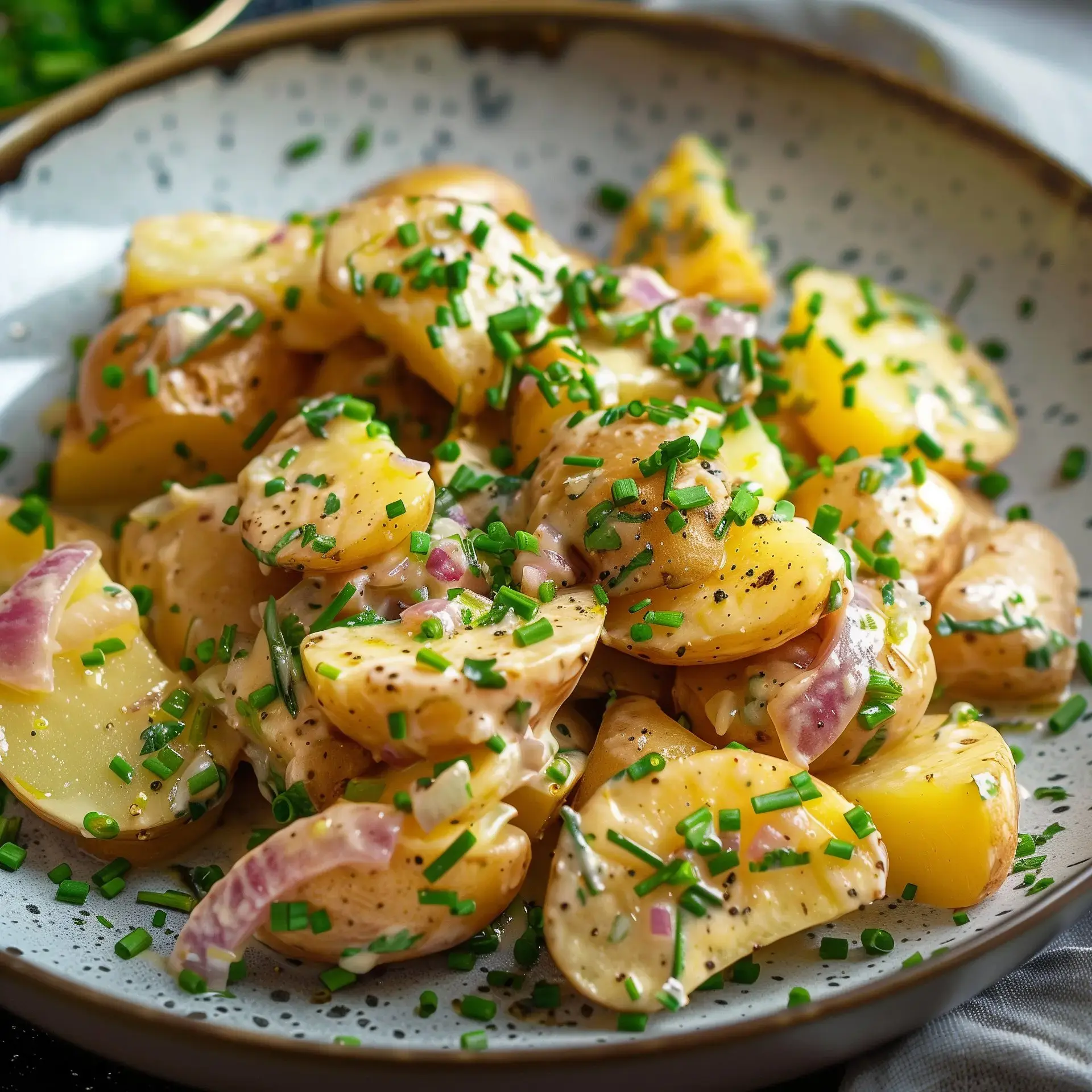 Assiette garnie de salade de pommes de terre, herbes fraîches et échalotes croquantes.