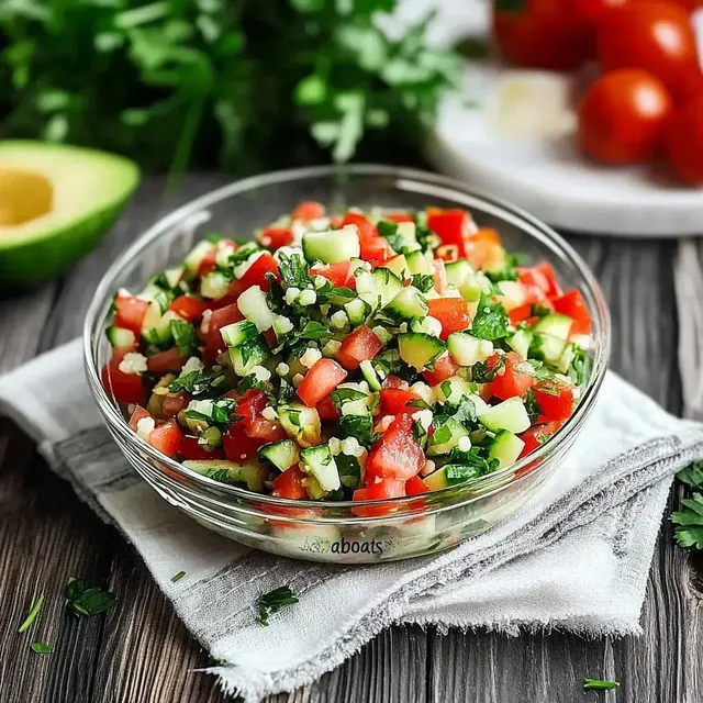 Un bol en verre rempli d’une salade de légumes colorés, persil et menthe.