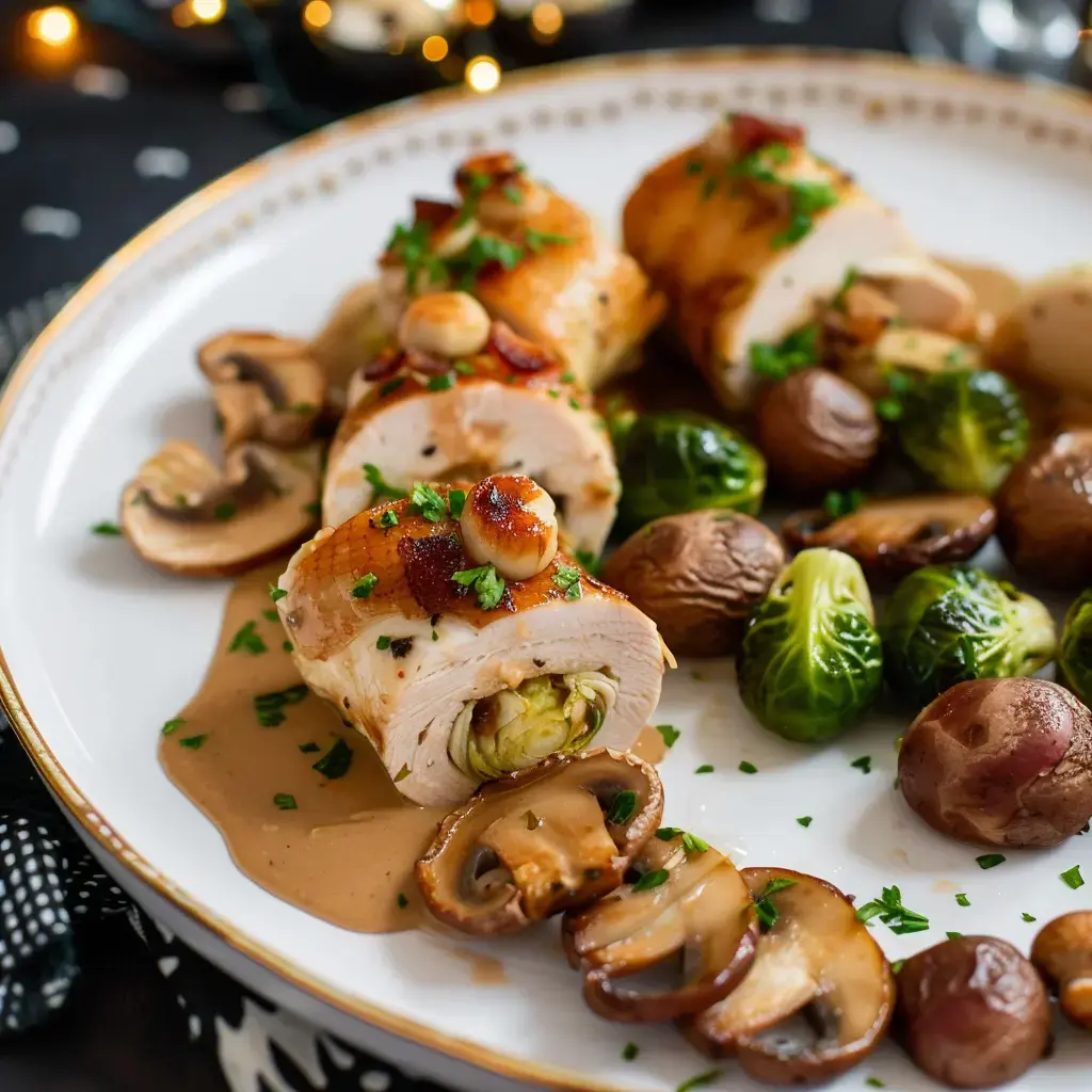 Plat de roulés de volaille farcie accompagnés de champignons, choux de Bruxelles et pommes de terre, avec une sauce veloutée.