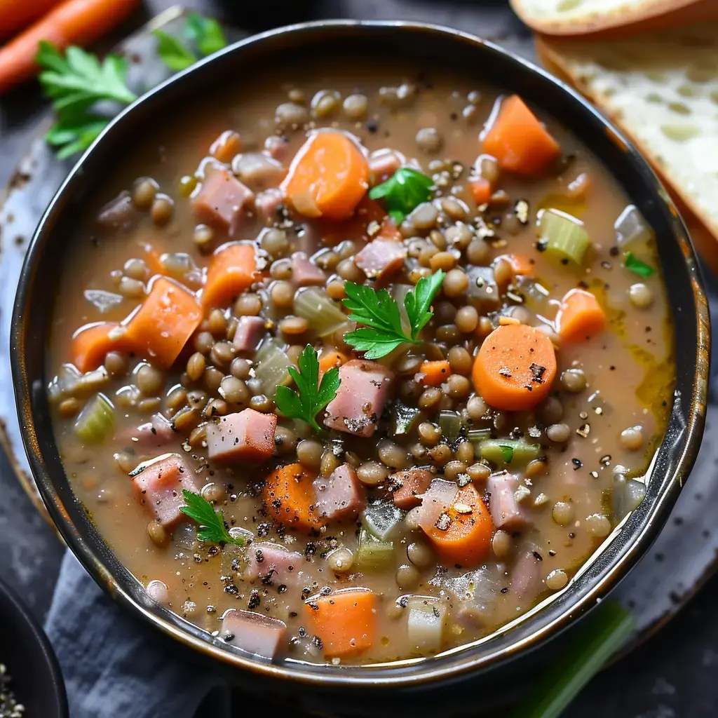 Un bol rempli de lentilles mijotées avec des morceaux de carottes, céleri et jambon, accompagné de tranche de pain.