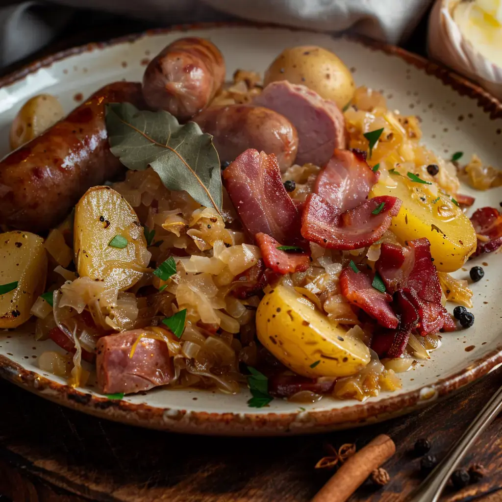 Choucroute alsacienne garnie de viandes fumées, pommes de terre et laurier pour un plat généreux.