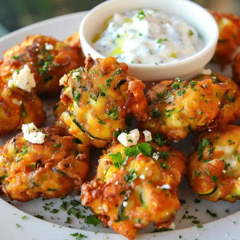 Courgettes frites dorées au fromage avec une sauce blanche dans un bol.