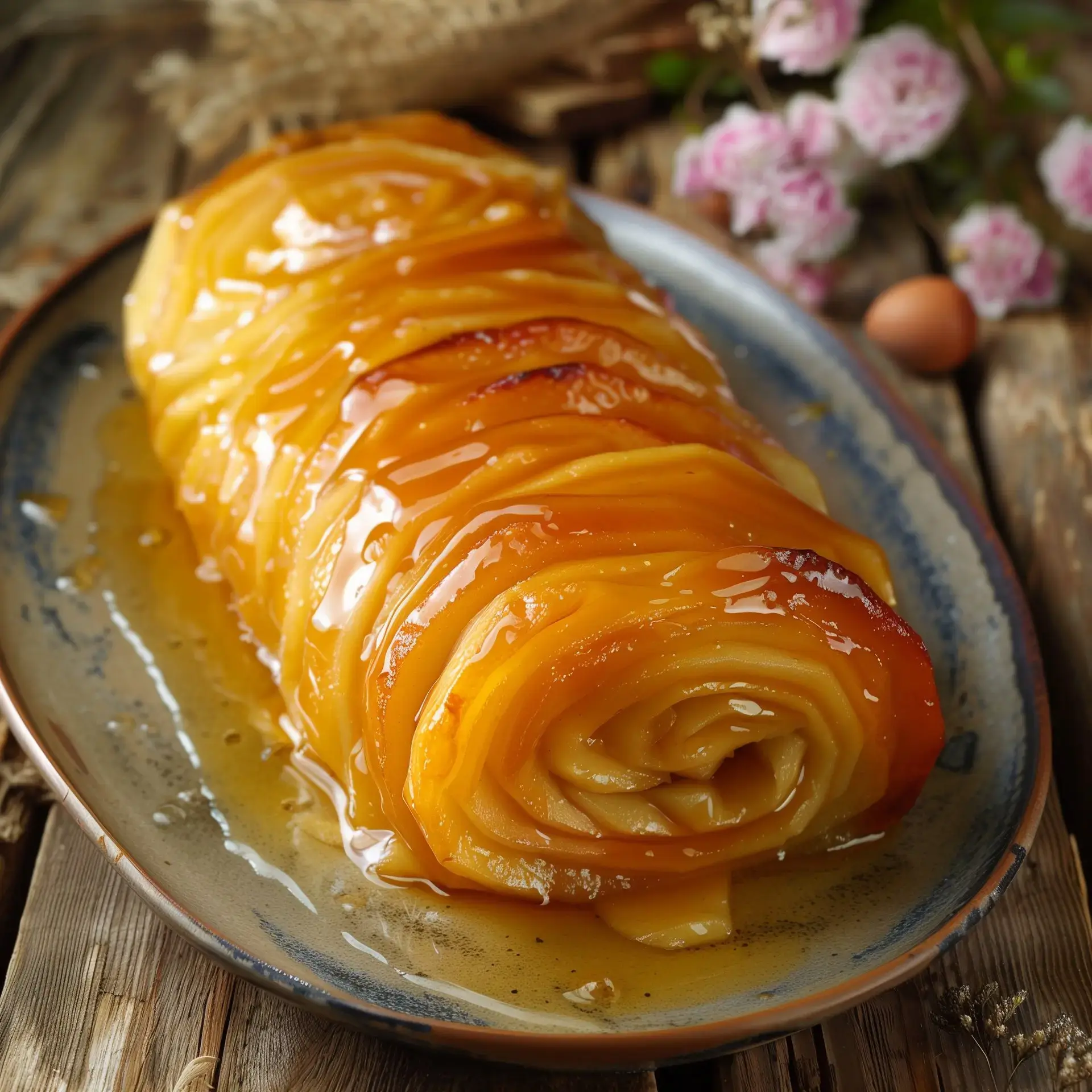 Un délice caramélisé en forme de rose sur une assiette, idéal pour Noël.