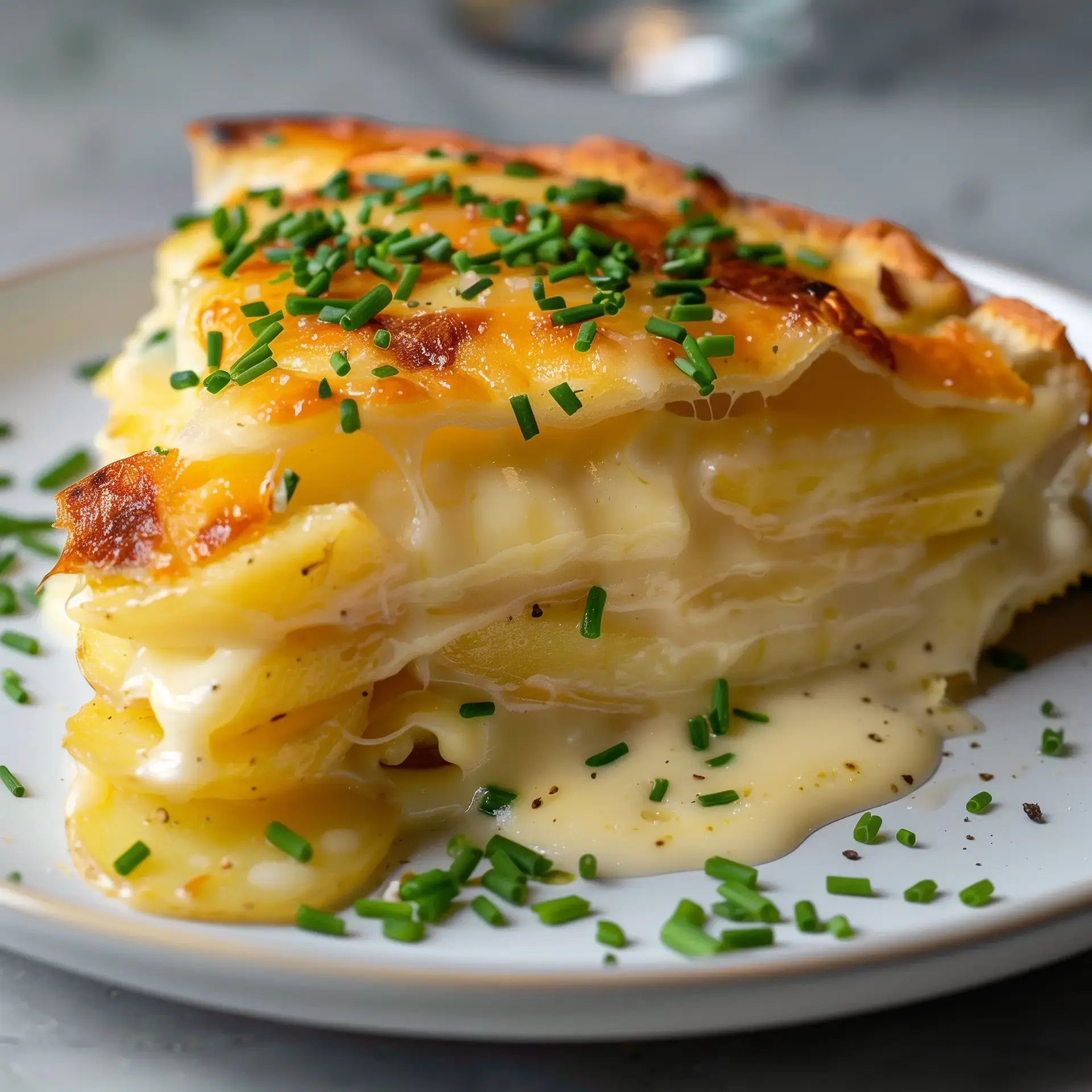Une assiette blanche avec une portion de gratin pommes de terre au fromage, garnie de ciboulette.