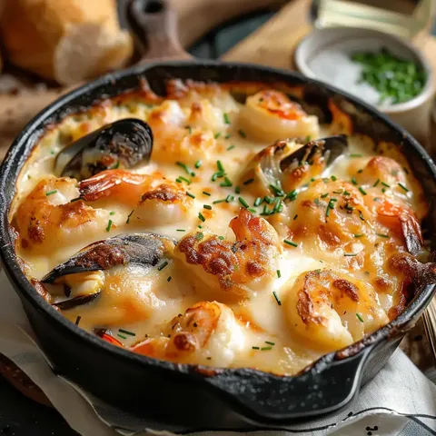 Des fruits de mer gratinés délicieux, avec des crevettes et moules, dans une poêle chaude garnie de ciboulette.
