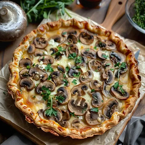 Grande tarte aux champignons dorée, garnie de persil sur une planche en bois.