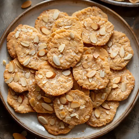 Un plat rempli de biscuits ronds, ornés d'amandes et saupoudrés de sucre, soigneusement arrangé.