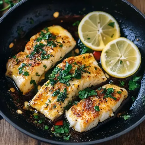 Filets dorés de cabillaud ornés de citron et de persil, dans une poêle.