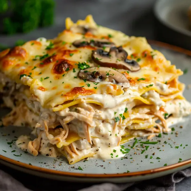 Assiette de lasagnes poulet et sauce blanche avec persil.