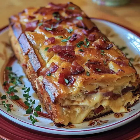 Un cake maison mélangeant camembert fondant et lardons dorés, avec quelques herbes en garniture.