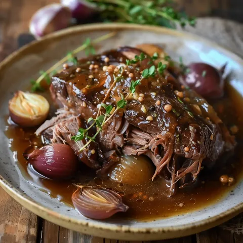 Viande braisée avec thym et sauce sur assiette en céramique.