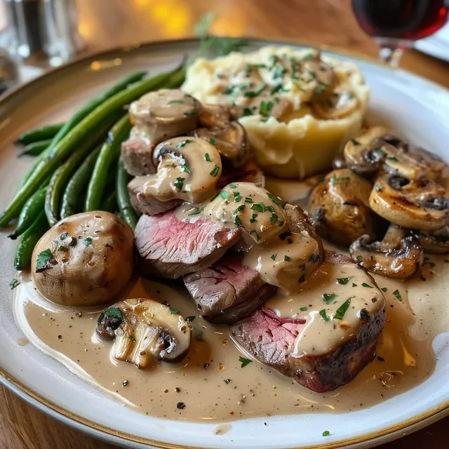 Un plat gourmand de bœuf en sauce crémeuse, servi avec purée, légumes verts et champignons.