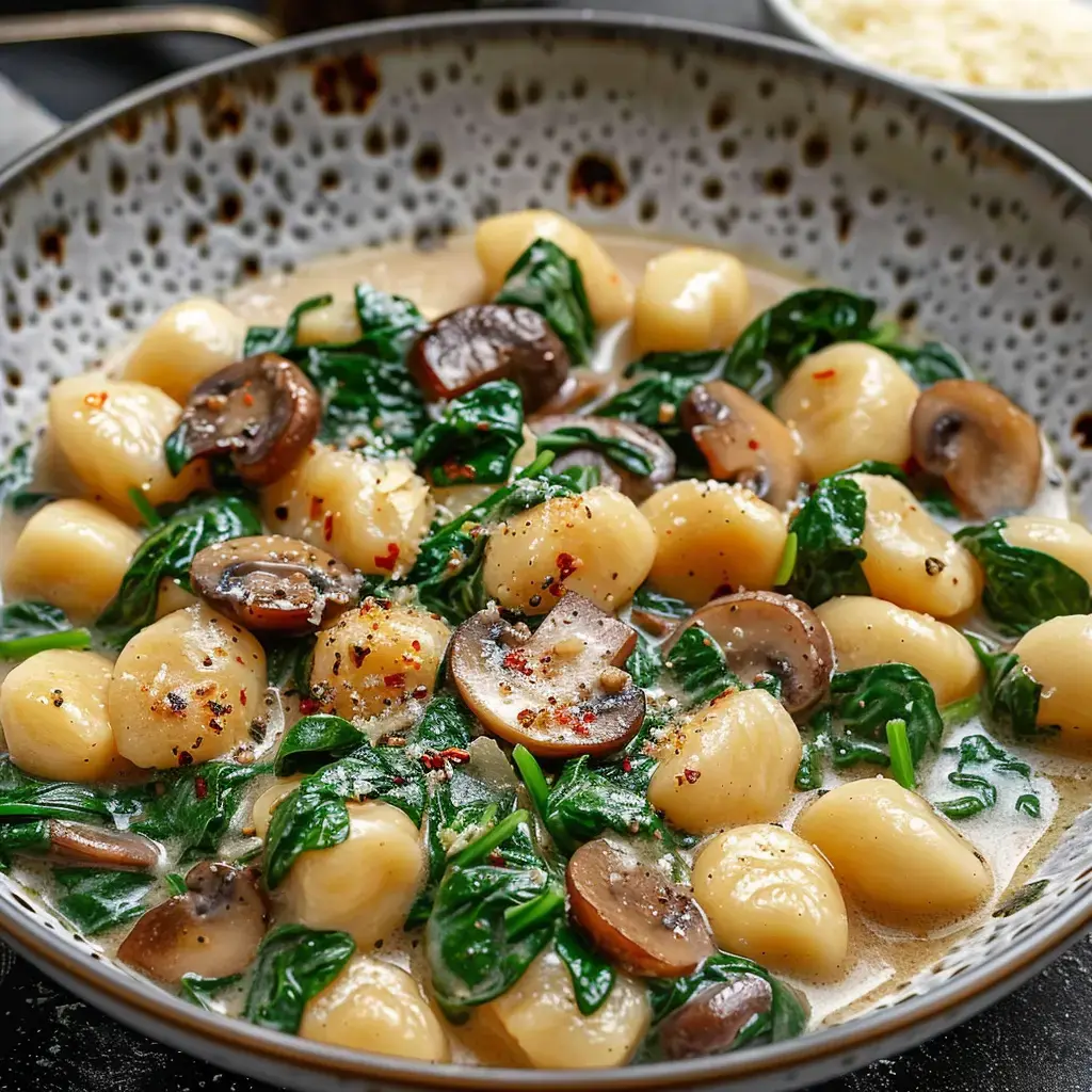 Gnocchis moelleux nappés d'une sauce crémeuse aux épinards et champignons, avec une touche de poivre et de paprika.