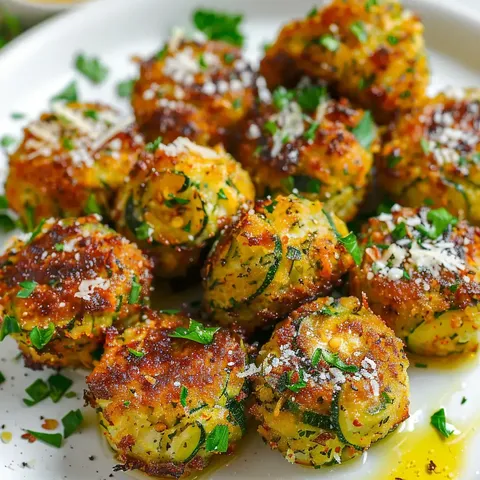 Des boulettes croustillantes aux courgettes, avec du fromage et du persil sur une assiette.