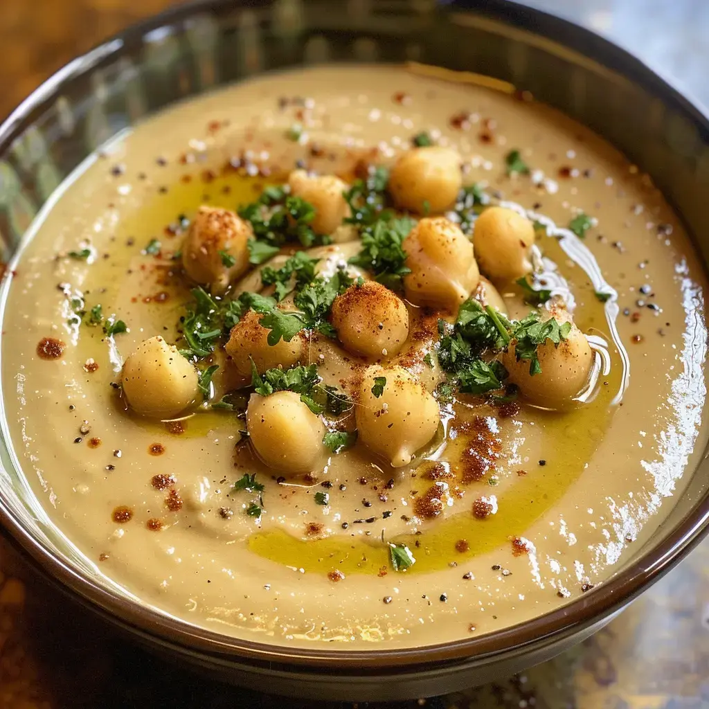 Bol de houmous décoré avec pois chiches, huile d’olive et verdure.
