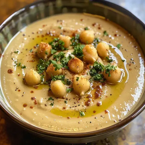 Bol de houmous décoré avec pois chiches, huile d’olive et verdure.