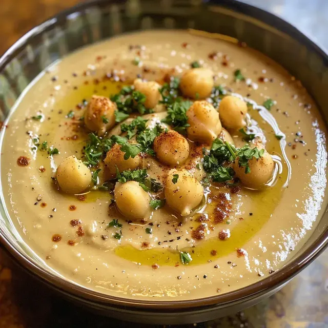 Bol de houmous décoré avec pois chiches, huile d’olive et verdure.