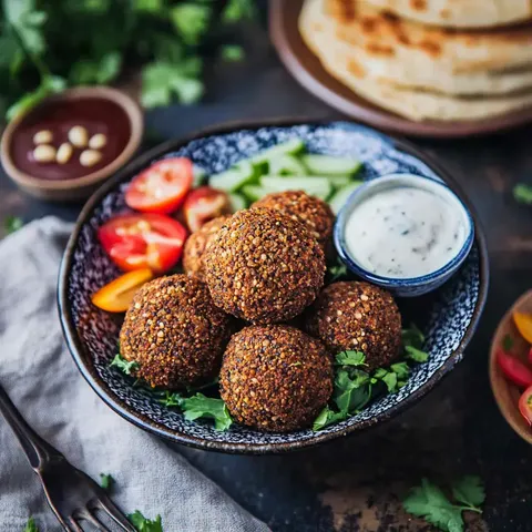 Falafels croustillants accompagnés de légumes et sauces fraîches.