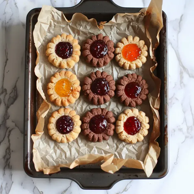 Petits biscuits en fleur avec confiture colorée en leur centre, présentés sur une plaque avec papier sulfurisé.