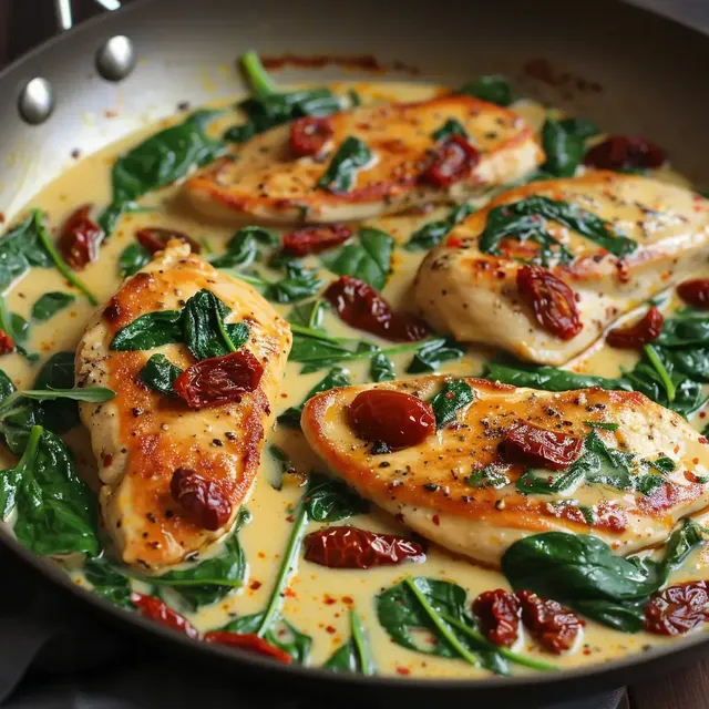 Poulet doré dans une sauce crémeuse avec épinards et tomates séchées dans une poêle.