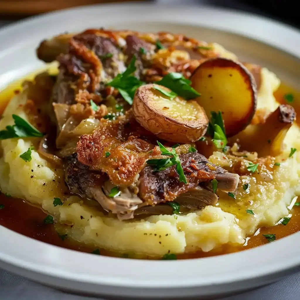Un plat appétissant de canard confit surmonté d'une purée dorée, servi avec des herbes fraîches.