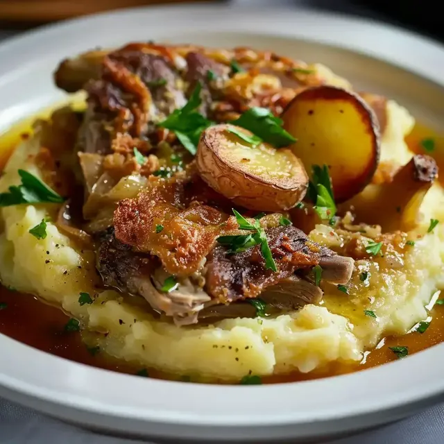 Un plat appétissant de canard confit surmonté d'une purée dorée, servi avec des herbes fraîches.