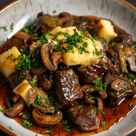 Plat mijoté de bœuf tendre avec sauce, champignons et fromage fondu, décoré de persil frais.