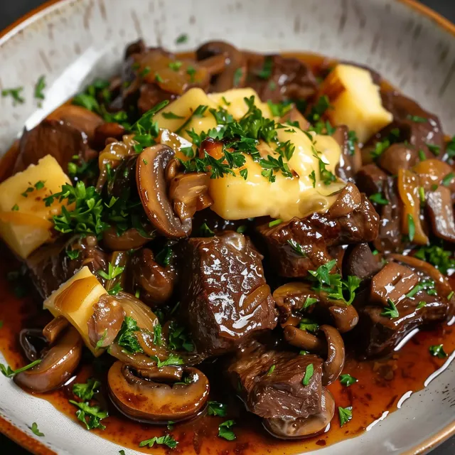 Plat mijoté de bœuf tendre avec sauce, champignons et fromage fondu, décoré de persil frais.