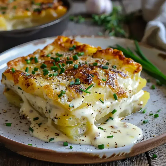 Un gratin doré de pommes de terre avec une crème épaisse et une touche de ciboulette sur le dessus, servi bien chaud.