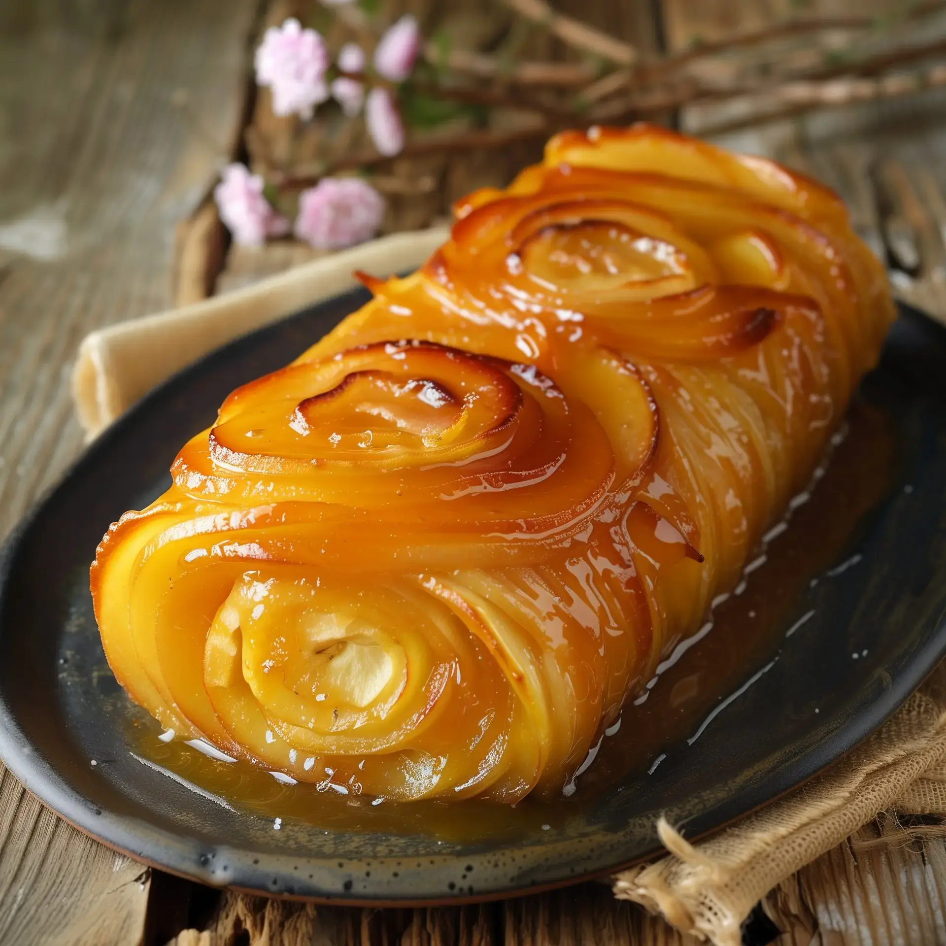 Une tarte aux pommes garnie de lamelles caramélisées, posée sur une assiette noire avec des fleurs en arrière-plan.